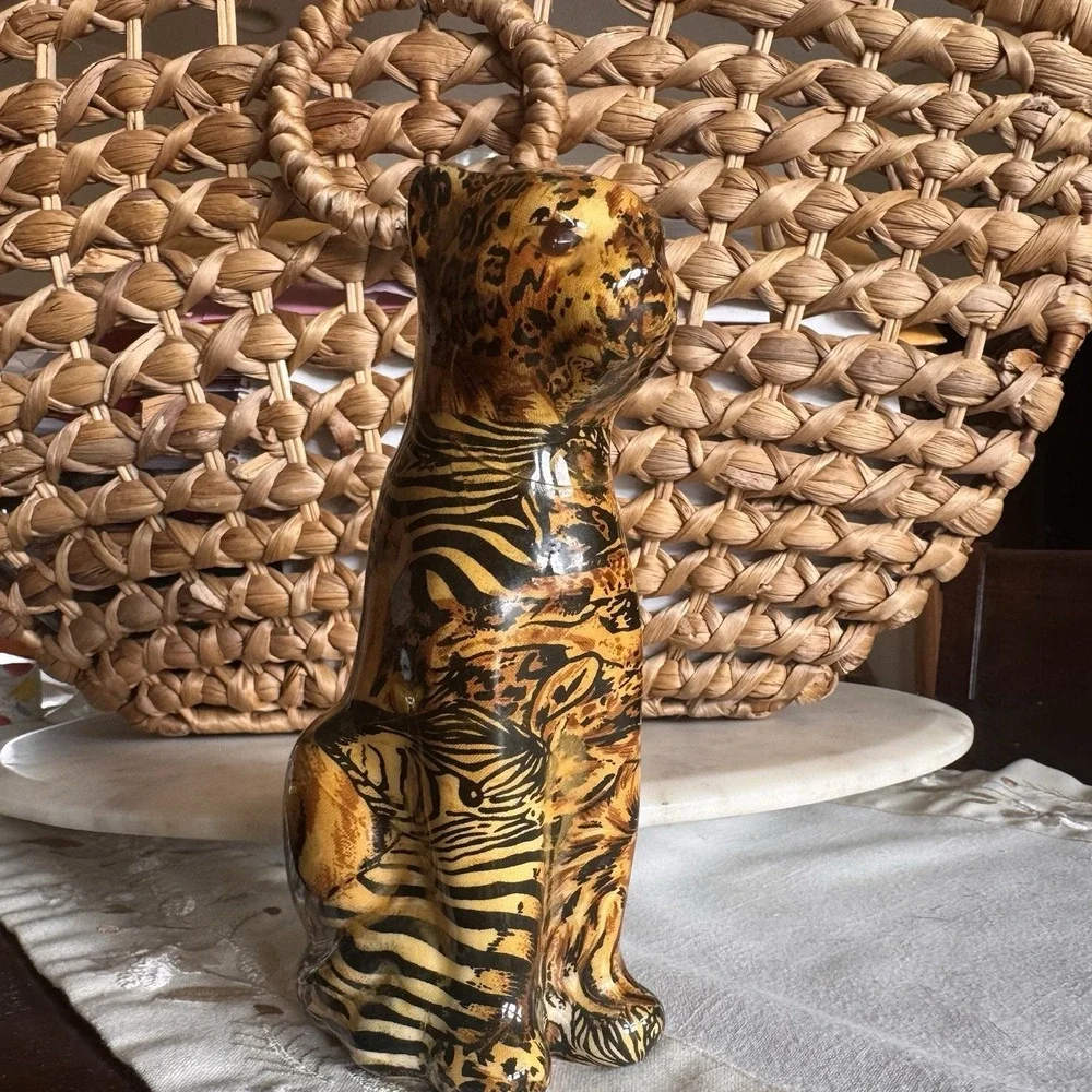 La Vie Leopard Cheetah Patchwork Quilt Paper Mache Figurine Ceramic 8